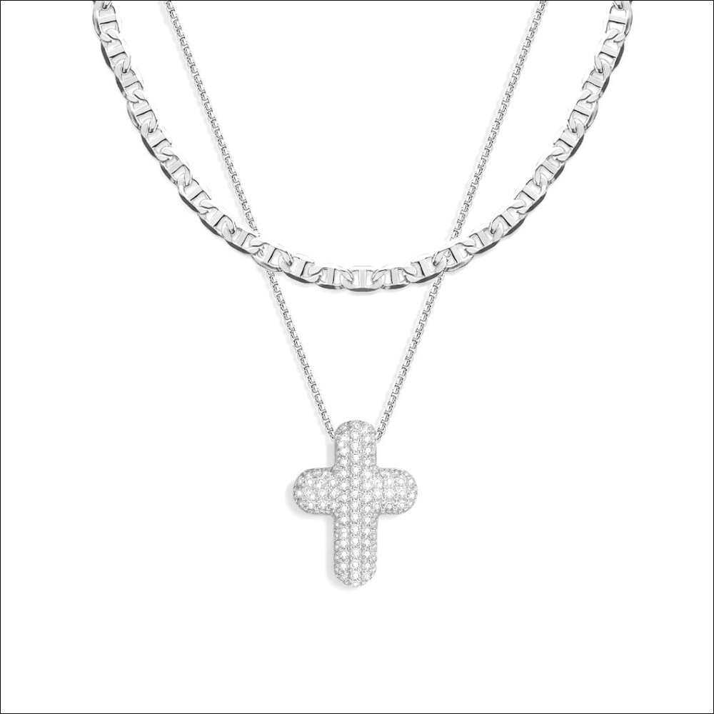 14k Gold Plated Cross Necklace Set with CZ Pendant and Mariner Chain